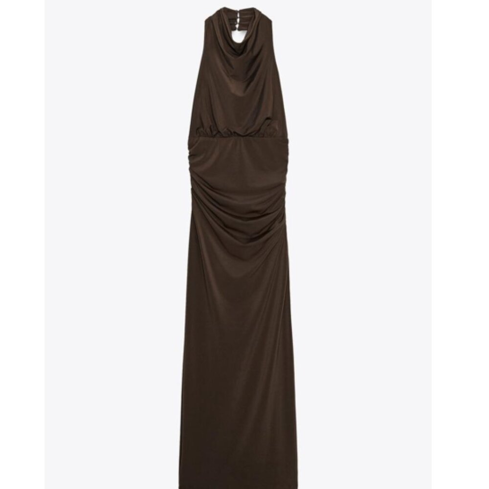 Zara Long Open Back Halter Dress Dark Brown XS